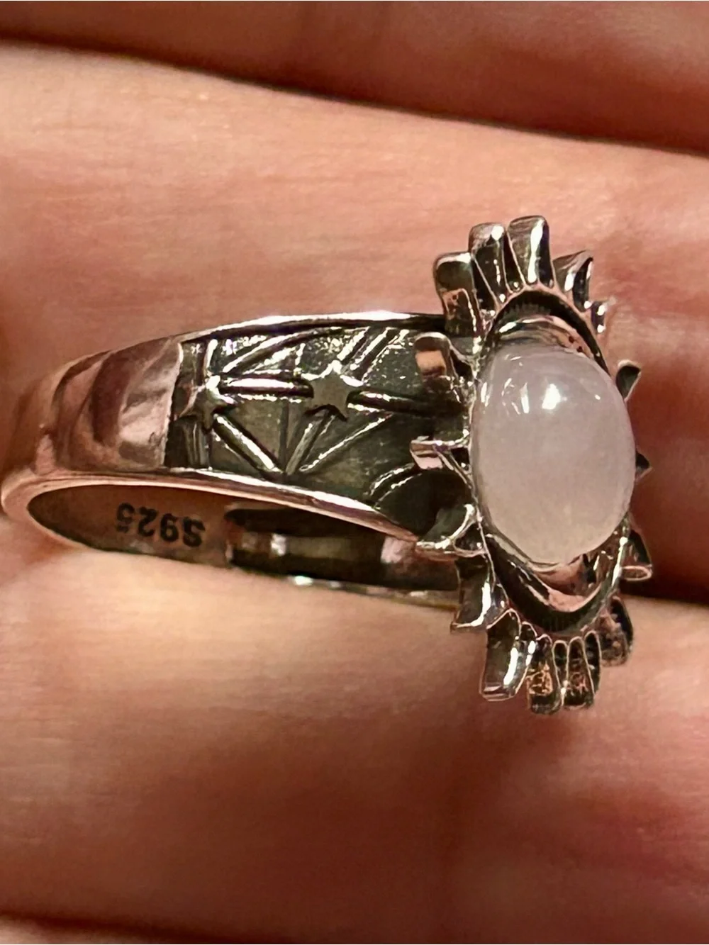 Pink Rose Quartz Crystal S925 Silver Sun Moon Stars Celestial Ring New Jewelry